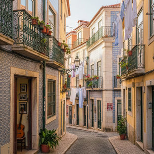 Alfama district in Lisbon showing traditional azulejo tiles, historic streets, and Portuguese cultural heritage