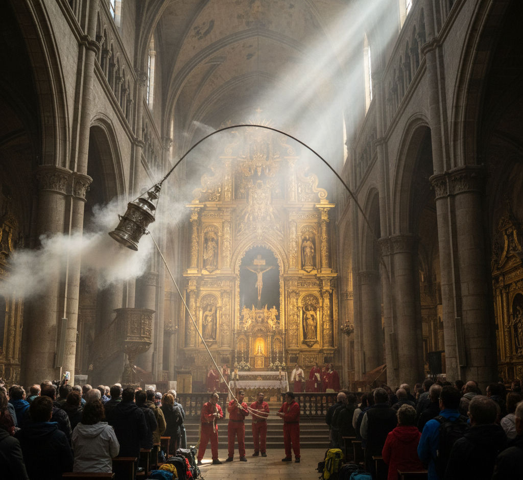 Botafumeiro swinging during the Pilgrim’s Mass inside Santiago de Compostela Cathedral with incense-filled golden light and pilgrims in prayer