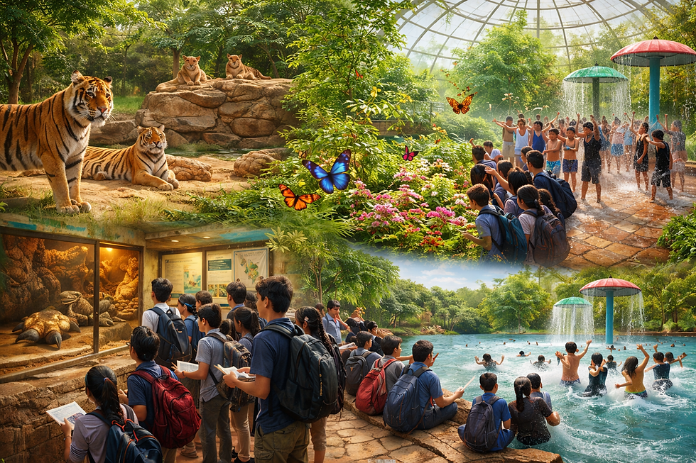 Students enjoying Bannerghatta educational tour with safari, butterfly park visit, reptile house and resort water activities near Bangalore