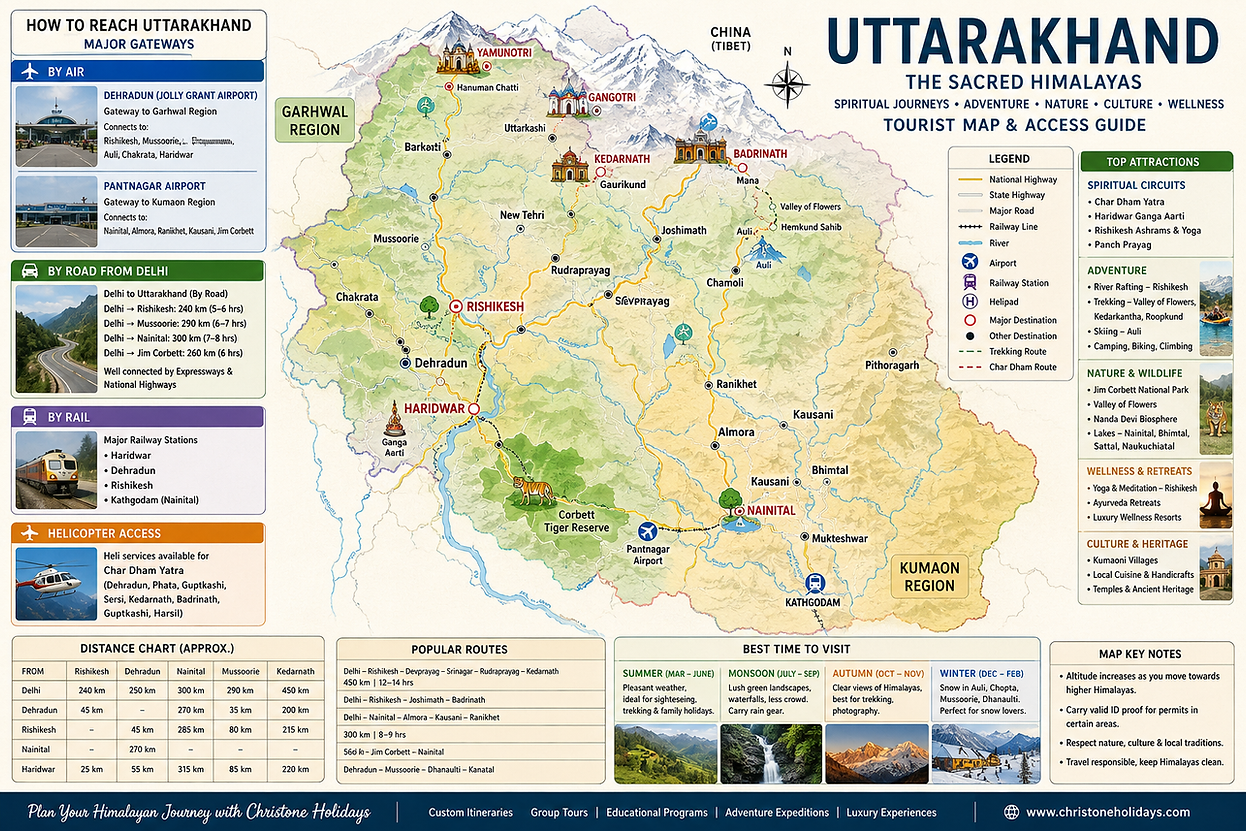 Uttarakhand Himalayan tourist map showing Delhi access routes, Dehradun and Pantnagar airports, Char Dham circuits, spiritual destinations, adventure zones, rail connectivity, and Kumaon–Garhwal travel corridors by Christone Holidays.