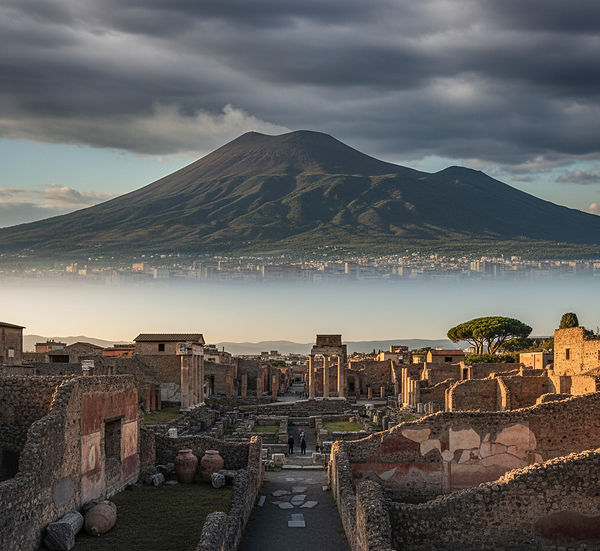 A composite image merging the preserved Roman ruins of the Pompeii archaeological site with the looming presence of Mount Vesuvius in the background, illustrating the history of the AD 79 eruption.