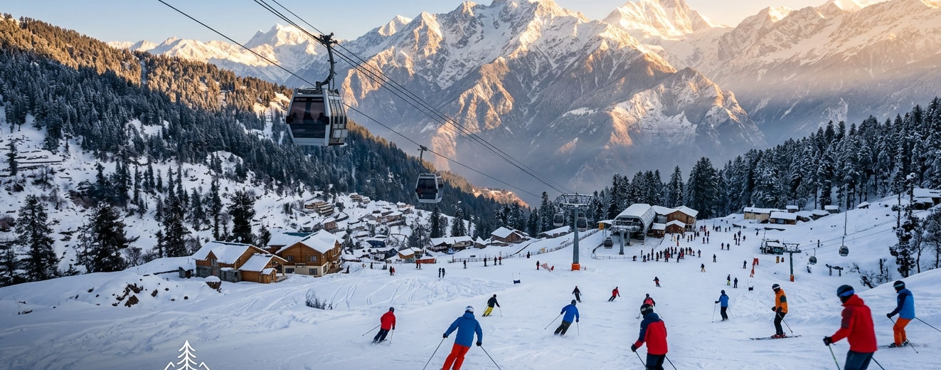 Auli Himalayan skiing landscape featuring snow-covered ski slopes, cable cars, alpine forests, and panoramic Garhwal mountain peaks in Uttarakhand.