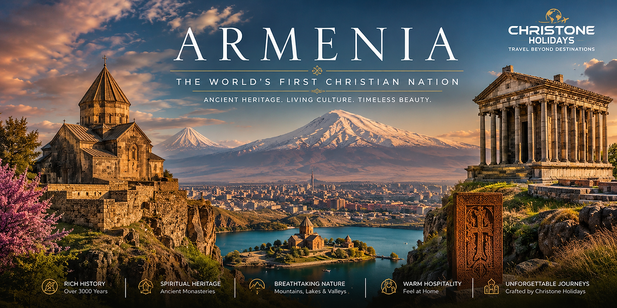 Hero image of Armenia featuring Mount Ararat, Yerevan skyline, Geghard Monastery, Garni Temple, Lake Sevan, and ancient Armenian heritage with Christone Holidays.
