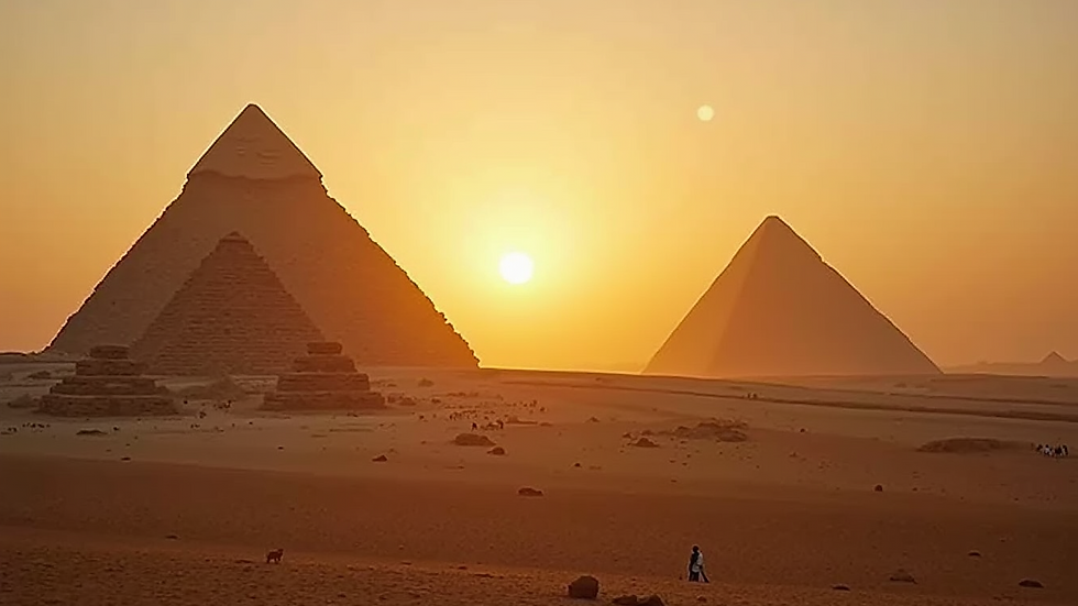 Eye-level view of the majestic Pyramids of Giza at sunset