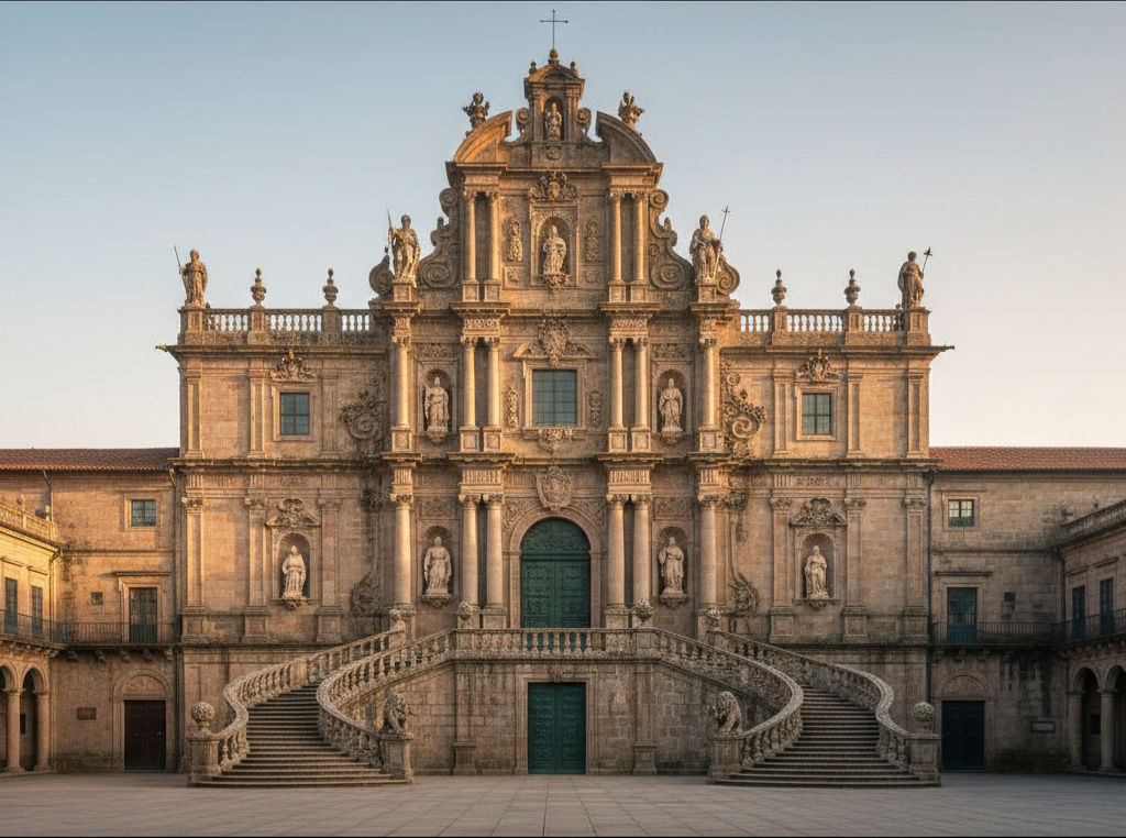 San Martiño Pinario Monastery baroque façade in soft morning light