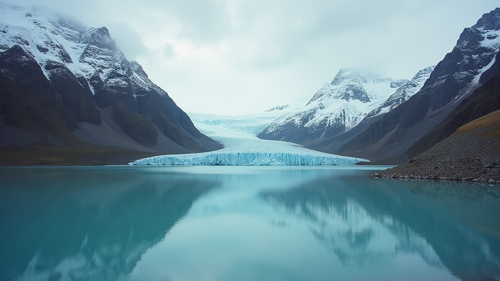 Eye-level view of a turquoise glacial lake surrounded by snow-capped mountains in Patagonia