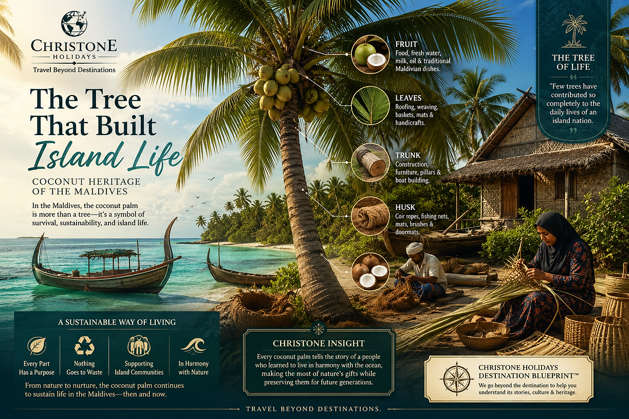 Educational infographic illustrating the coconut palm as the Tree of Life in the Maldives, highlighting its traditional uses in food, construction, handicrafts, boat building, and sustainable island living.
