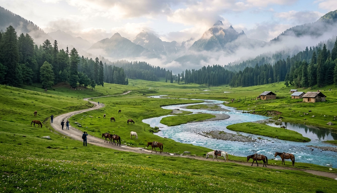 Doodhpathri meadows with rivers, pine forests and Himalayan landscapes in Kashmir