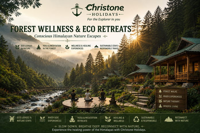 Himalayan forest wellness retreat featuring eco lodges, meditation, pine forests, and sustainable nature travel experiences in Uttarakhand.