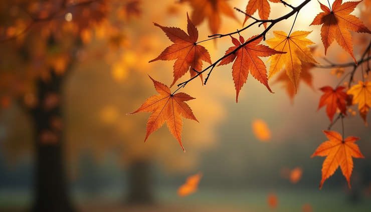 Close-up view of autumn leaves falling from a tree branch symbolizing release and change