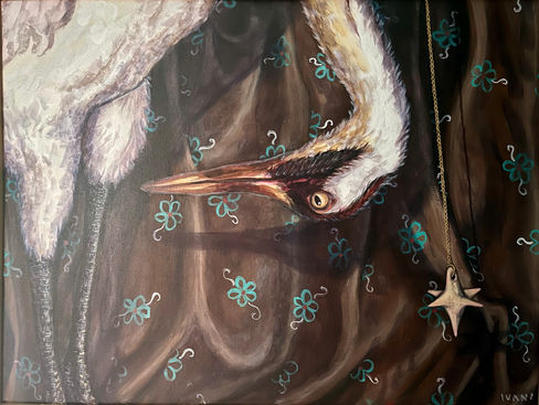 painting of crane leaning over with geometric pendulum, on patterned fabric background