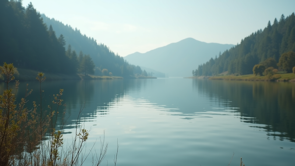 Close-up view of a serene landscape with a calm lake
