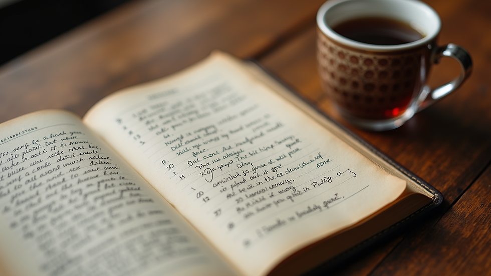 Close-up view of a journal with handwritten prayers and notes beside a cup of tea