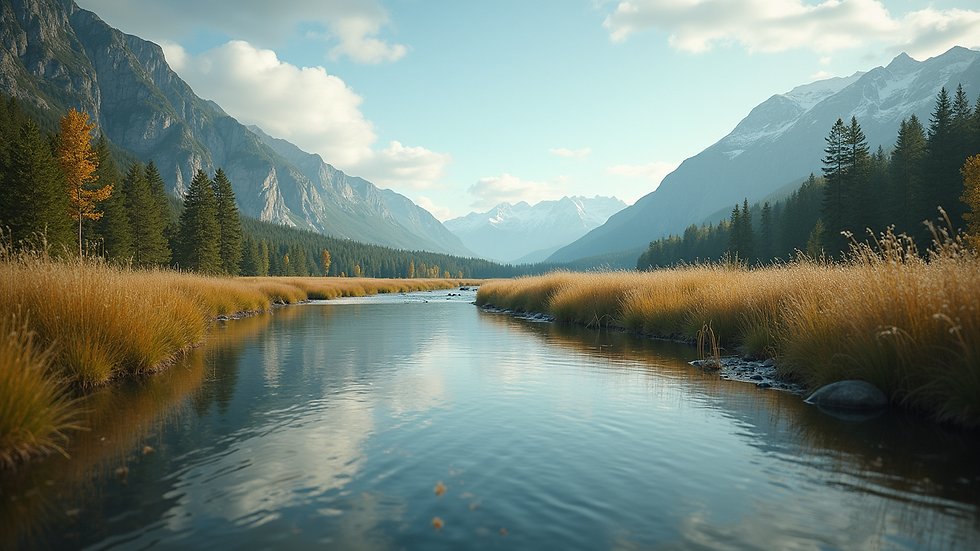 Eye-level view of a serene landscape with a calm river
