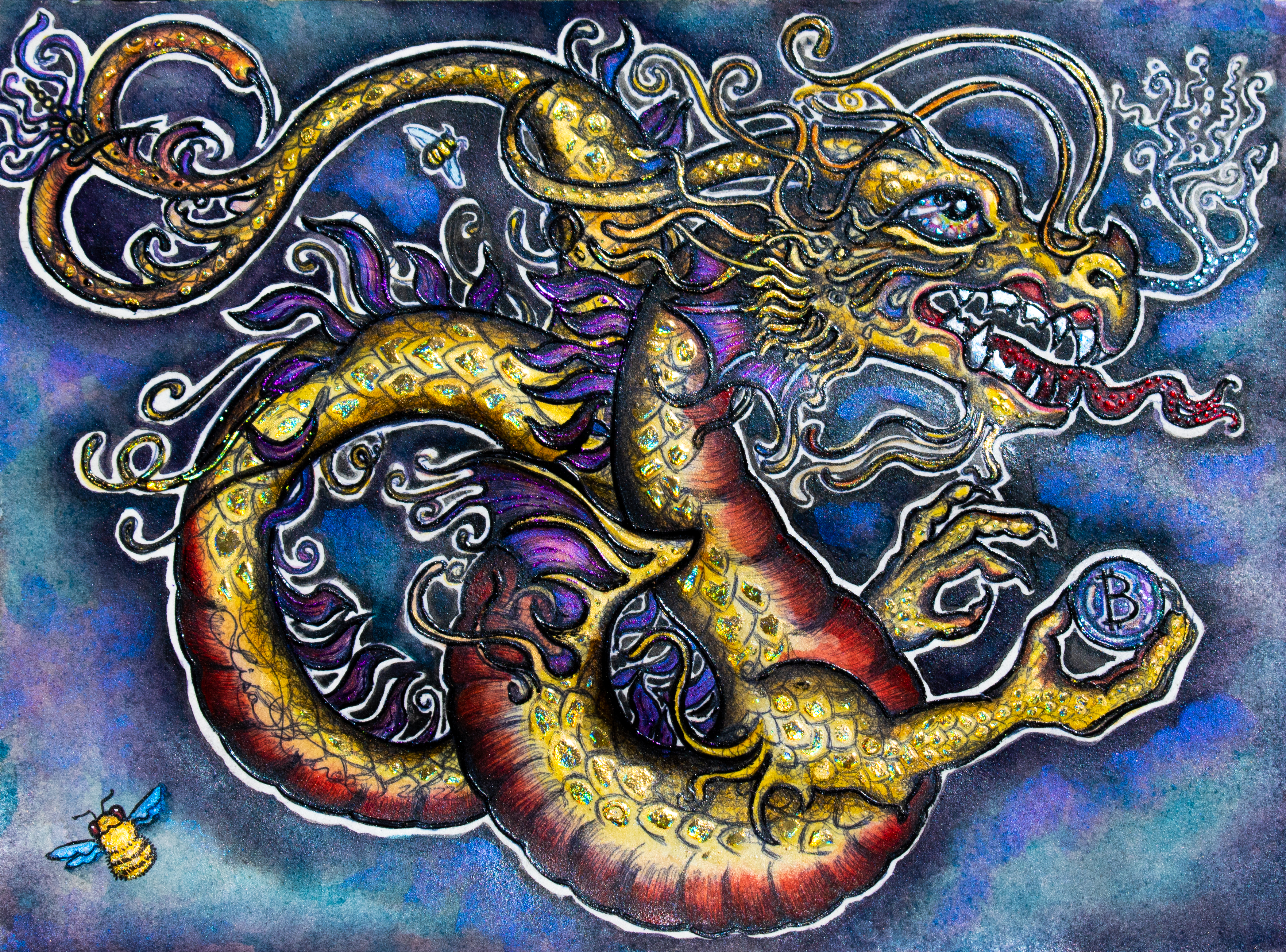 This watercolor and ink painting of a fierce chinese dragon coiled as he flies through the air, tonge lolling.  He hangs on tight with his sharp claws to his treasured bitcoin.  The background is a beautiful iridescent lavendar and turquoise with deep amethyst shadows.  The golden dragon has a fire red belly and multicolored lilac turquoise and magenta eyes.  I use holographic elements to make this piece appear to be 3D.