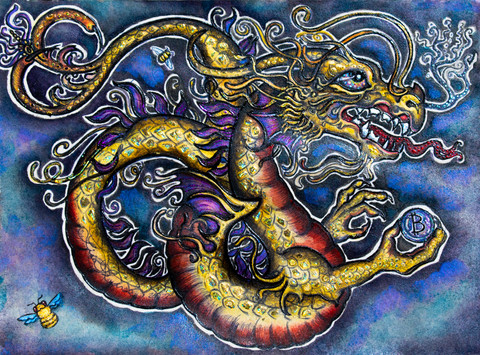 This watercolor and ink painting of a fierce chinese dragon coiled as he flies through the air, tonge lolling. He hangs on tight with his sharp claws to his treasured bitcoin. The background is a beautiful iridescent lavendar and turquoise with deep amethyst shadows. The golden dragon has a fire red belly and multicolored lilac turquoise and magenta eyes. I use holographic elements to make this piece appear to be 3D.