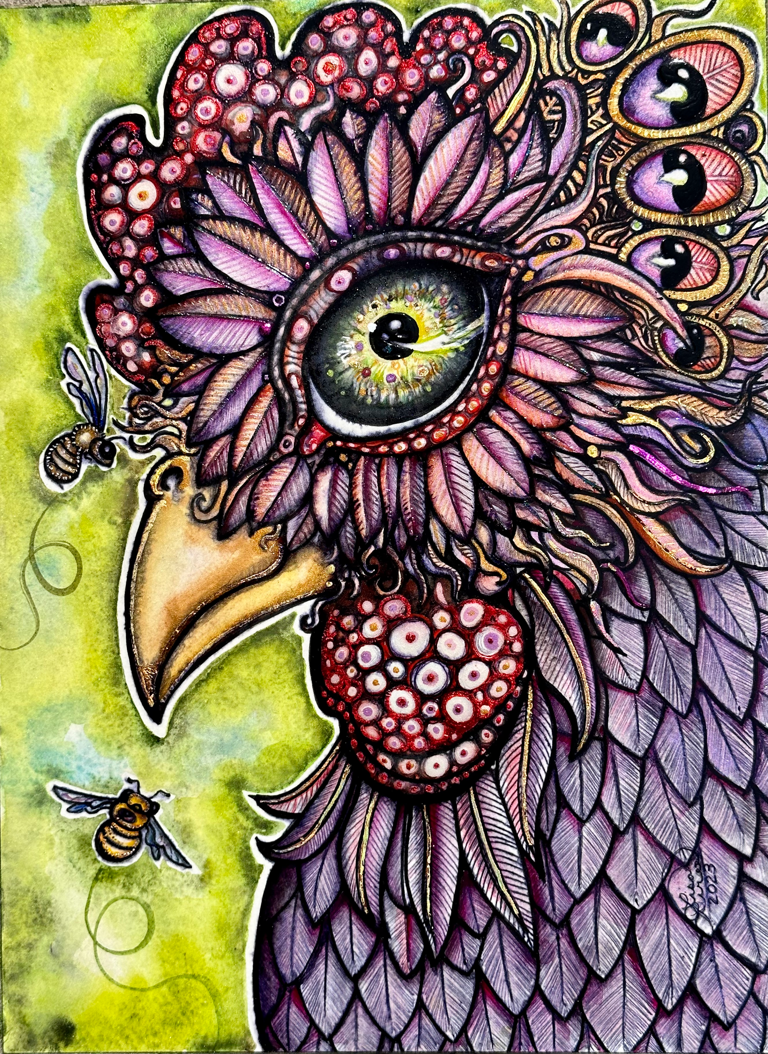 Bird of a Different Feather
This bright watercolor and ink painting depicts a strange and whimsical rooster.  His fluffy feathers around his eye are magenta and his body is detailed ballpoint sketch in iridescent purple.  The rooster faces left, his piercing green eye staring directly at you, complimenting the same chartreuse green in the background.   Behind his head he is growing strange and surreal peacock eye feathers!  Two friendly bees hover in front of him.
This piece will need framing for proper display, ships flat.