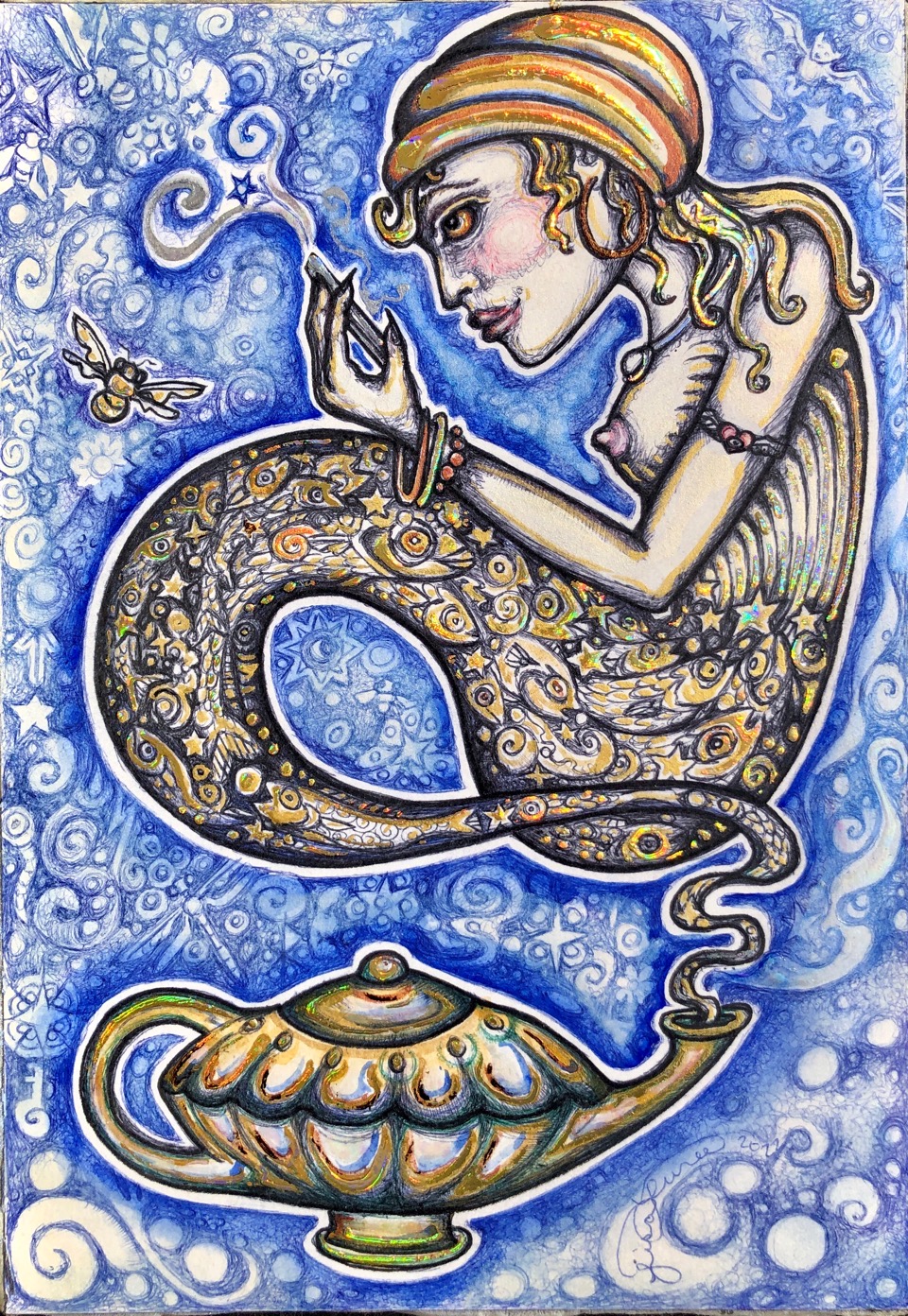 This little unframed painting depicts a nude (breasts showing) turbaned female genie enraptured with her electronic device  she floats above a magical lamp.  It was sketched with blue background ballpoint pen.  The genie was created with black ballpoint.  Watercolor and iridescent, holographic details make this piece glimmer in bright light.