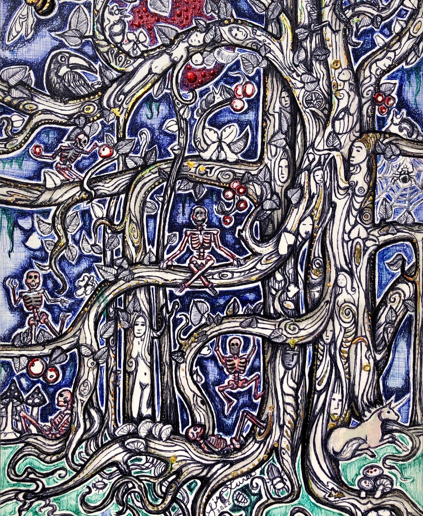 This incredibly detailed ballpoint sketch and watercolor painting depicts huge banyan trees.  All over the trees branches are skeletons: sitting, exploring, swinging and sleeping.   Within the ballpoint sketched bark of the banyans are nude humans and haunting faces.  A Chamaeleon faces right in the upper branches.  A toucan rests on an upper left branch with a hovering bumblebee nearby.  The trees are black and white, but have been embellished with holographic gold highlights.  The grass amongst the roots is green, the sky behind the tree, indigo blue.  A blood red sun can be seen peeking out behind the banyan's branches.  This painting was mounted to a white repurposed kitchen cabinet door and measures 17.5 by 22 inches.  It was inspired by a trip to Florida's Key West.