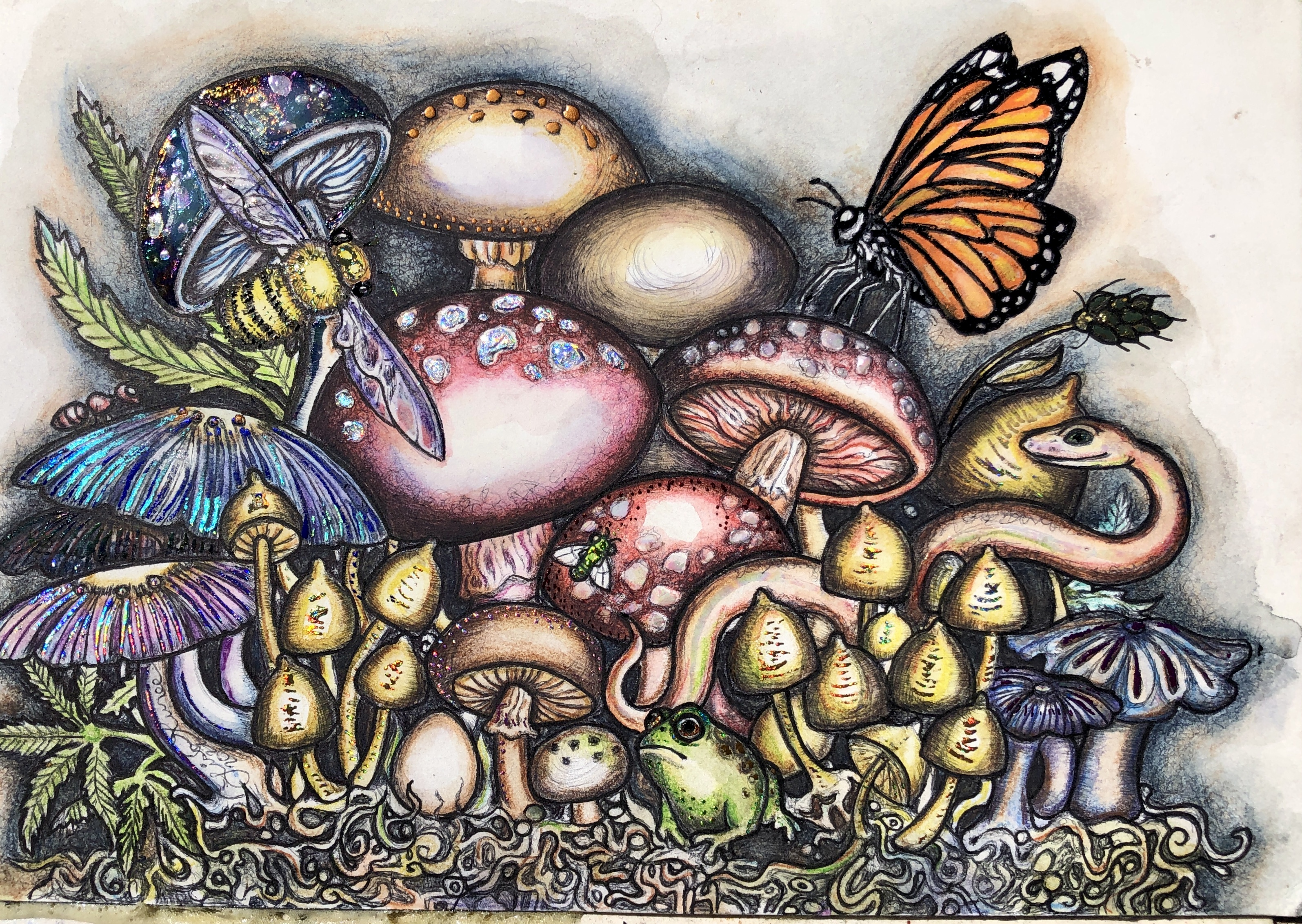 This painting was created by artist Lisa Luree with ballpoint pen, watercolor, ink and holographic elements on paper, then mounted to a smooth white repurposed kitchen cabinet door.  Mushrooms blossom, large and small  Parasol mushrooms and puffballs, inkies too!  A bright orange monarch butterfly rests on a mushroom upper right.  Below her, a snake slithers between the towering shrooms.  A tiny toad hides center bottom, enjoying the peaceful space in the mushroom garden.