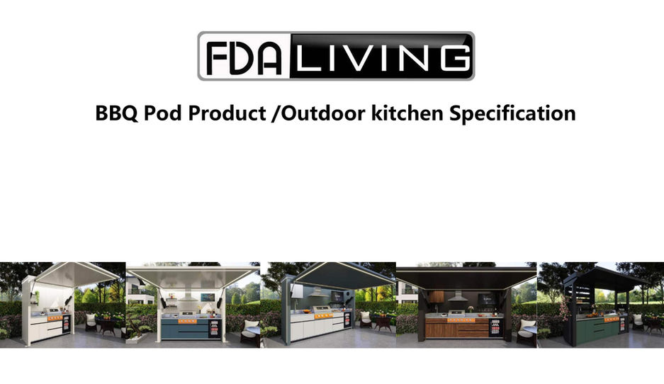 FDA Living Logo, BBQ Pod Product and Outdoor kitchen Specification. Outdoork