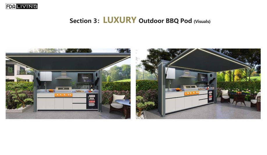 LUXURY Outdoor BBQ Pod, Section 3, Outdoork, Küche mit Garten Ambiente, Form Living.