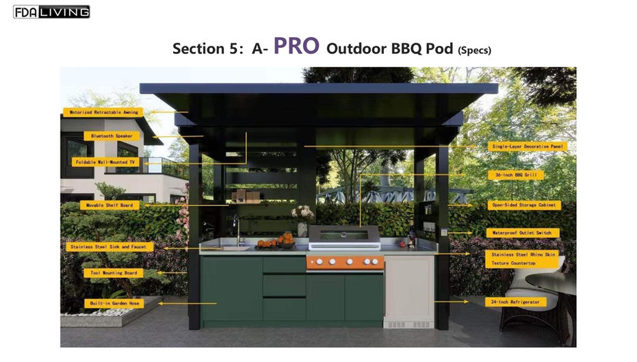 A-PRO Outdoor BBQ Pod, with text and an outdoor kitchen Outdoork Space