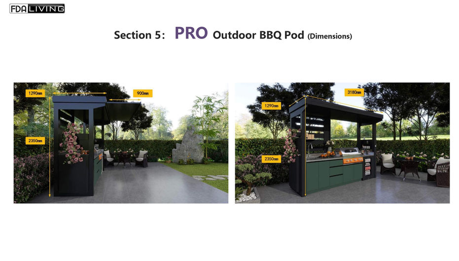 Section 5: PRO Outdoor BBQ Pod, dimensions, outdoor, Start, with chairs, trees.