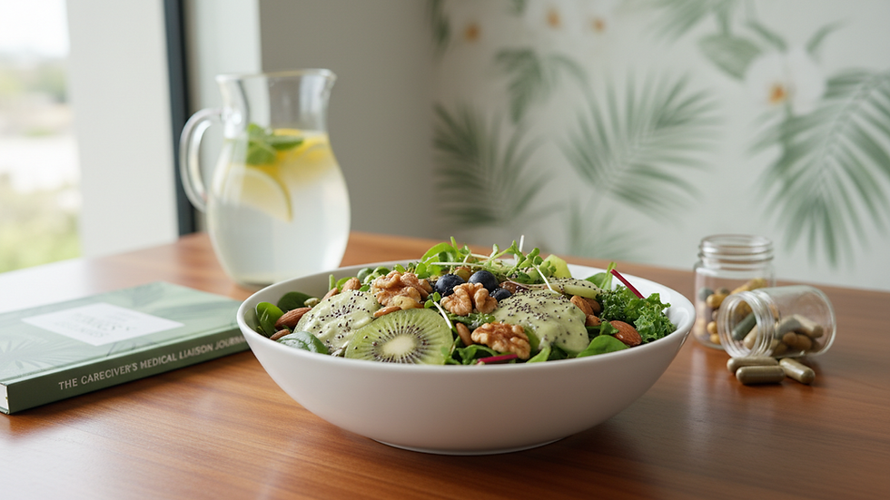 Close-up view of a colorful bowl of gut-friendly foods including leafy greens and nuts