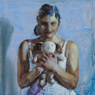 We carry our early childhood mental and emotional impacts through adulthood, while the shadow of these events can be neglected, suppressed or denied. 
I explore my subject matter’s stories and their relationship with their autobiographical object, particularly those personal items that they have held close since childhood. This relationship forms the medium to express my personal narrative.

The model of this painting is Rusty. Rusty and her 'Rachelle Bunny' have been together since the day she was born.