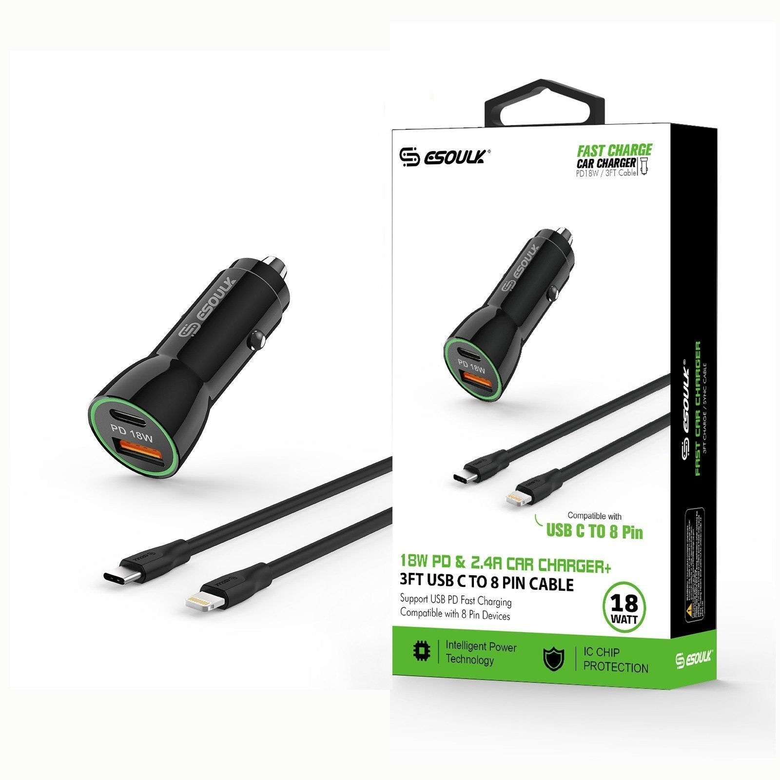 Esoulk 18W PD Fast Charger with 3FT USB-C to Lightning Cable for iPhone