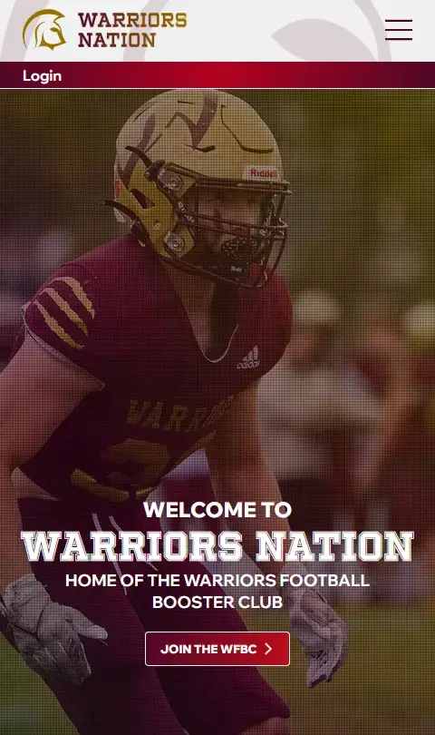 A mobile screenshot of the Warriors Nation homepage hero section displaying the brand and community photography.
