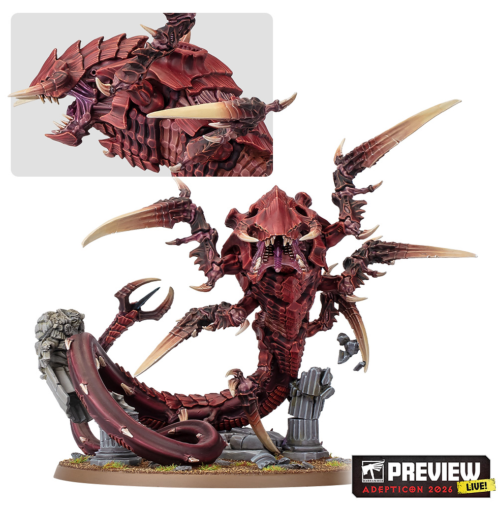 Photos of The Red Terror, a spiky creature model with sharp claws, posed on a rocky base. Inset shows close-up of its head. Text: "PREVIEW Adepticon 2024".