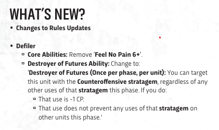 White slide titled WHAT’S NEW? with bullet points on Defiler rule updates and changes to core abilities.