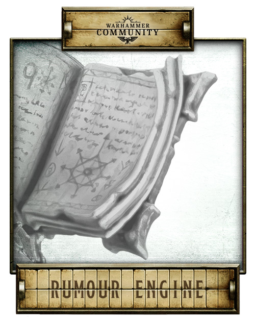 Open book with arcane writing on a Warhammer Community Rumour Engine graphic, grayscale and mysterious.