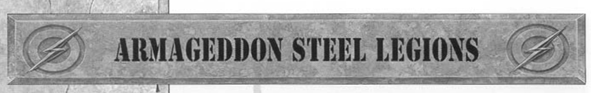 Metallic banner reading "ARMAGEDDON STEEL LEGIONS" with lightning bolt logos at each end, and a textured gray background.