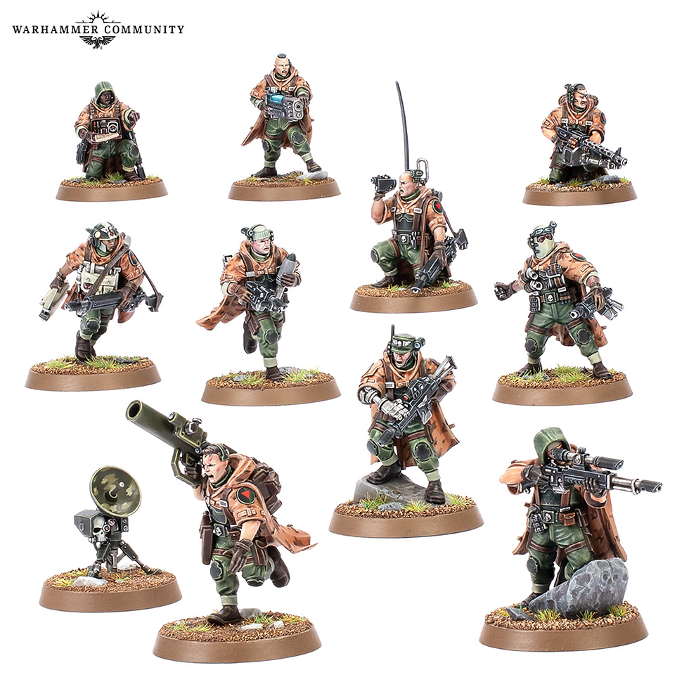 Kill team: Spectre Squad comprising Miniature soldiers with weapons and gear, wearing green and brown uniforms, positioned on grassy bases. "Warhammer Community" logo at top left.