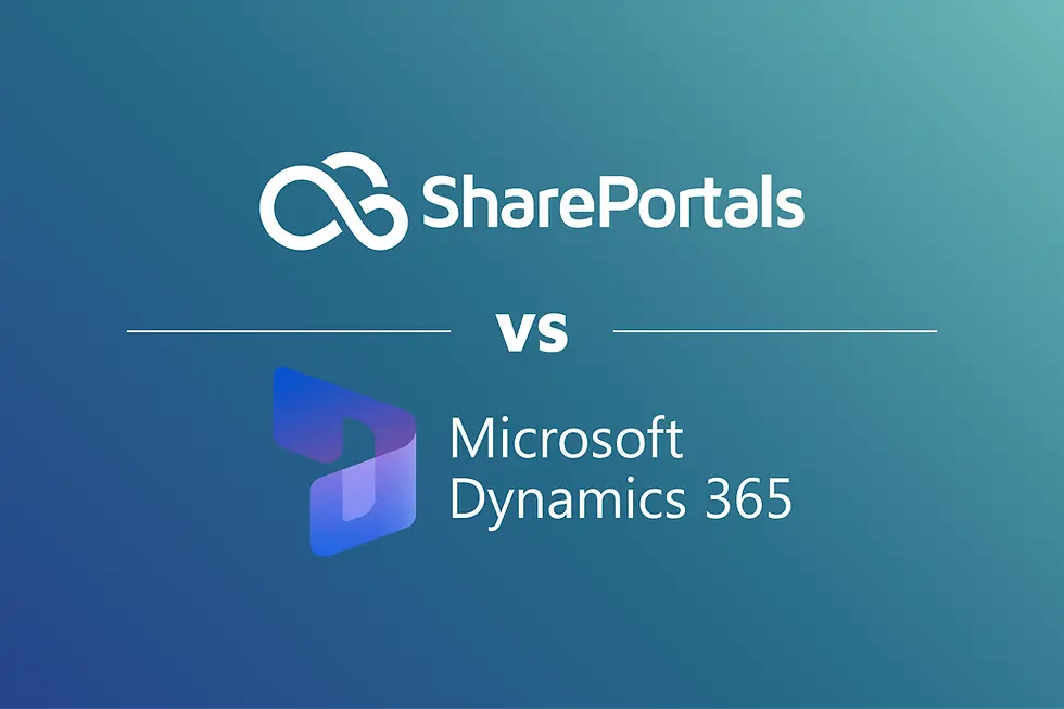Compare SharePortals vs Microsoft Dynamics 365 on teal gradient background. Logos and text are prominent, illustrating a comparison theme.