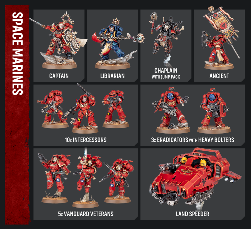 Red armored Space Marines on display: Captain, Librarian, Chaplain, Ancient, Intercessors, Eradicators, Vanguard Veterans, and Land Speeder.