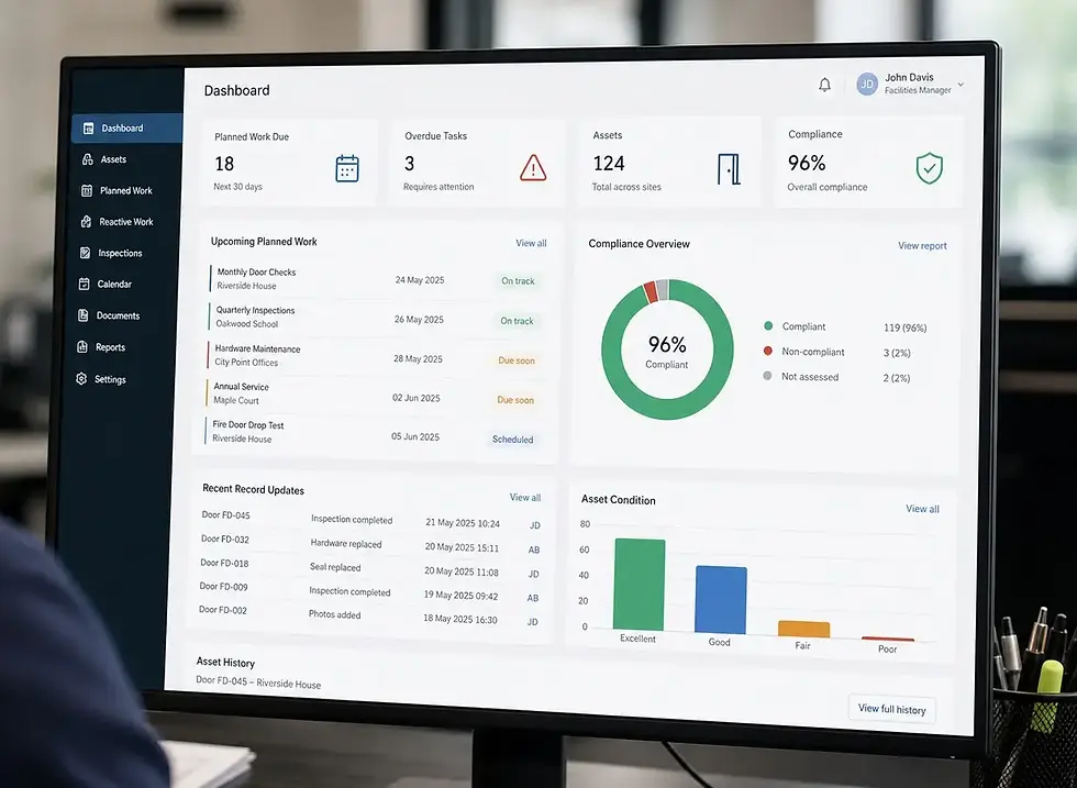 Facility management dashboard on a monitor showing tasks, compliance 96%, assets, charts, and John Davis in the top right.