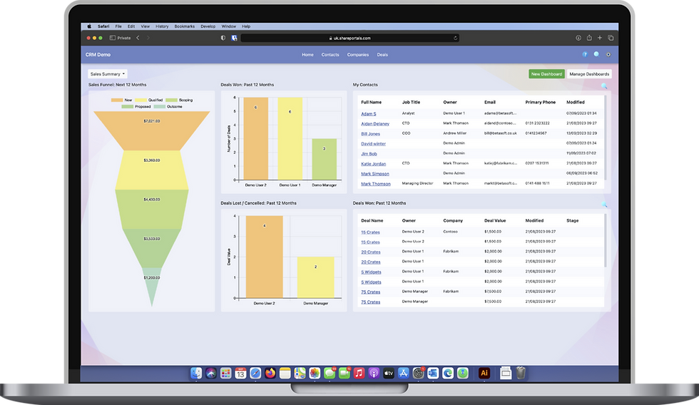 View of SharePortals Microsoft 365 CRM on a MacBook pro