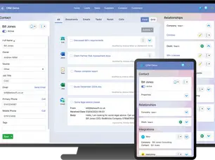 CRM software interface displaying a contact profile for Bill Jones. Elements include documents, tasks, and relationships. Blue and white theme.