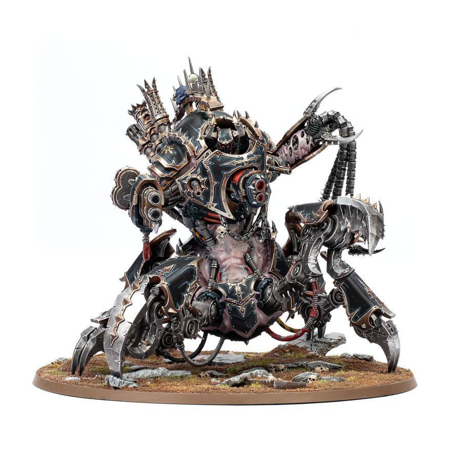 A Warhammer 40000 Chaos Defiler — a spiked black-and-silver sci-fi war robot on a round base, with clawed limbs and skull details, isolated on white background
