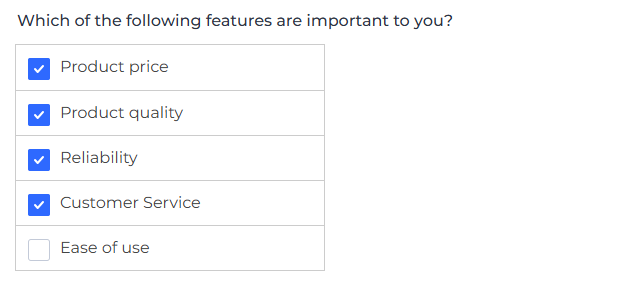 Survey question asks, "Which features are important?" with options: Product price, Product quality, Reliability, Customer Service, Ease of use.