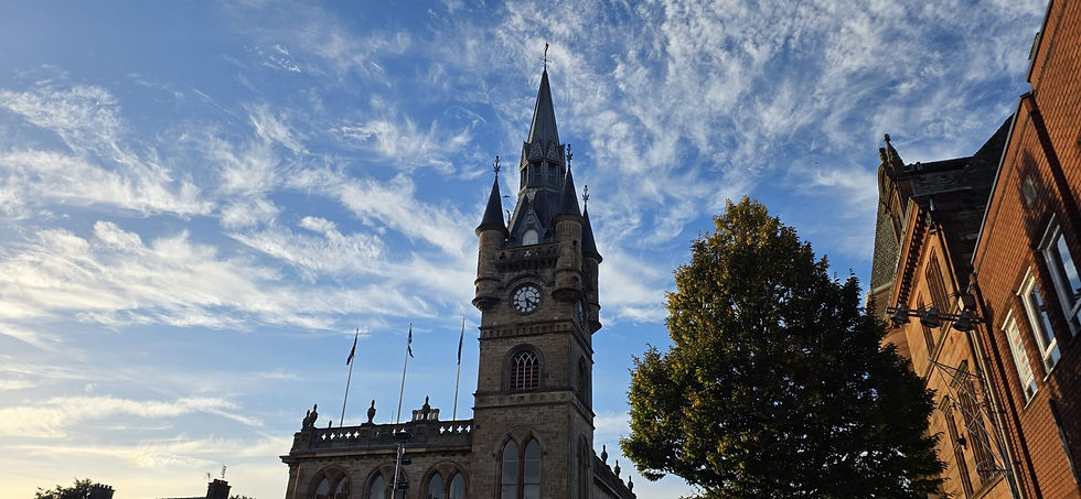 Renfrew Town Hall on a sunny autumn day