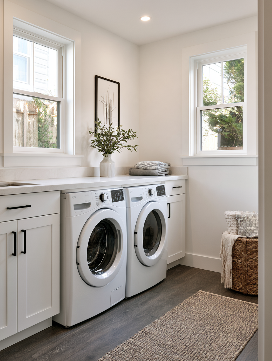 ADU laundry area with side-by-side washer and dryer beneath a counter.