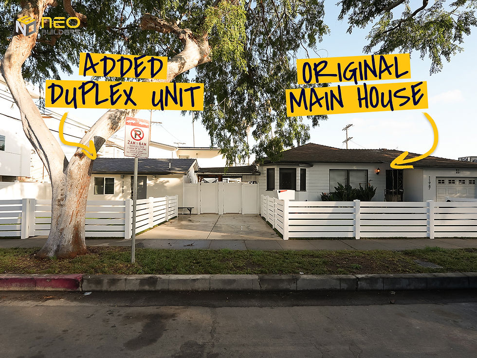 Street view of a California SB9 duplex project showing the original single-family home and an additional dwelling unit created through the SB9 Duplex Provision.