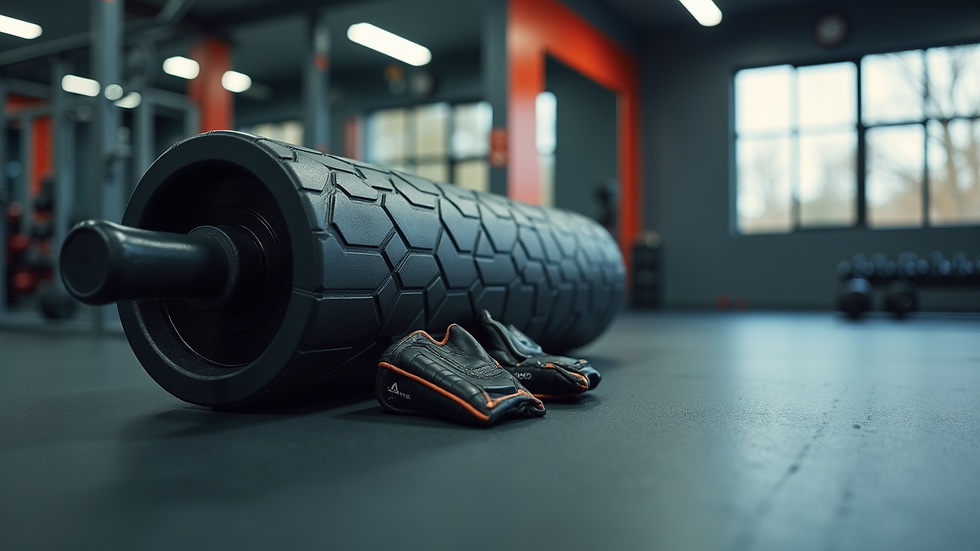 Close-up view of foam roller and workout gloves on gym floor