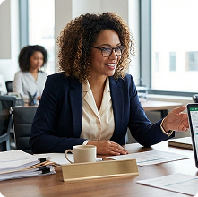 MilestonesHQ team member assisting a client at a desk, representing professional support and customer service for trucking pa