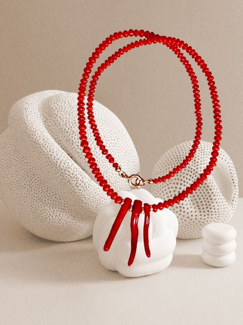 Miniature : EXCLUSIVE VINTAGE STYLE NATURAL RED CORAL NECKLACE WITH 14K GOLD.